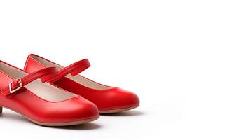 ai gegenereerd rood Maria janes schoenen geïsoleerd Aan wit achtergrond met kopiëren ruimte voor advertentie. generatief ai foto
