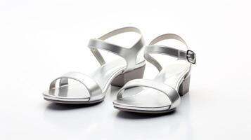 ai gegenereerd zilver sandalen schoenen geïsoleerd Aan wit achtergrond met kopiëren ruimte voor advertentie. generatief ai foto