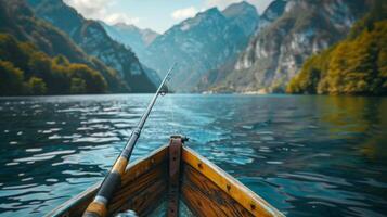 ai gegenereerd detailopname van een visvangst hengel in de handen van een persoon Aan een boot, sereen meer wateren en ver weg bergen in de achtergrond, vastleggen de vredig essence van een visvangst vakantie foto