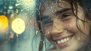 ai gegenereerd portret van een glimlachen jong wit vrouw doorweekt in zwaar regenen, generatief ai, achtergrond beeld foto