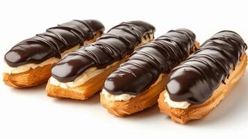 ai gegenereerd eclairs, in de rij gaan staan van chocolade-geglazuurd eclairs gevulde met romig gebakje room, achtergrond afbeelding, generatief ai foto