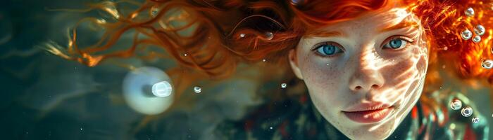 ai gegenereerd rivier- onderwater- portret van een rood haar- jong wit vrouw, generatief ai, achtergrond beeld foto