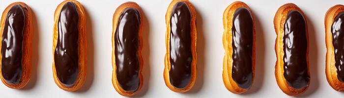 ai gegenereerd eclairs, in de rij gaan staan van chocolade-geglazuurd eclairs gevulde met romig gebakje room, achtergrond afbeelding, generatief ai foto