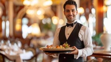 ai gegenereerd elegant onderhoud, vastleggen een ober in een formeel restaurant instelling, achtergrond afbeelding, generatief ai foto