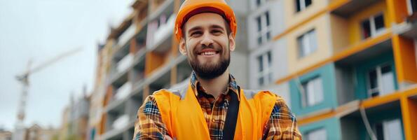 ai gegenereerd portret van een glimlachen mannetje bouw arbeider Aan een gebouw projecteren, generatief ai foto