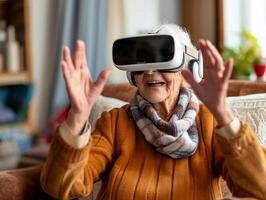 ai gegenereerd online onderwijs senior vrouw vervelend vr koptelefoon met leven kamer achtergrond ai generatief foto