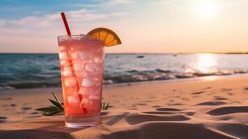 ai gegenereerd cocktail Aan strand met zonsondergang achtergrond foto