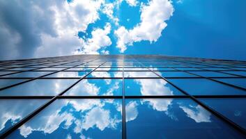 ai gegenereerd wolken weerspiegeld Aan modern kantoor gebouw glas facade foto