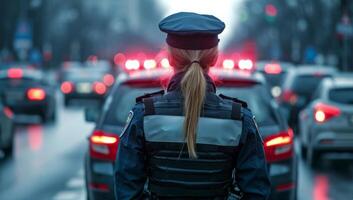 ai gegenereerd Politie officier toezicht houden op stad verkeer foto