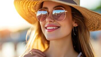 ai gegenereerd vrouw genieten van zomer in rietje hoed foto