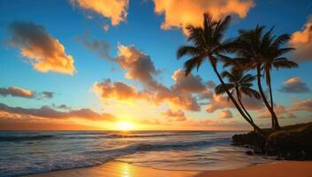 ai gegenereerd zonsondergang gieten een gouden tint over- de oceaan en silhouetteren palm bomen foto