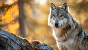 ai gegenereerd intens grijs wolf in herfst Woud foto