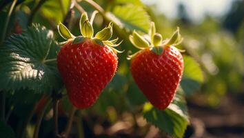 ai gegenereerd vers aardbeien in de tuin detailopname foto