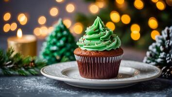 ai gegenereerd heerlijk cupcakes met room Aan de tafel foto