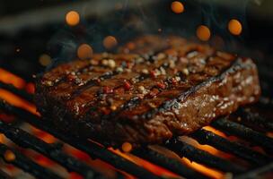 ai gegenereerd steak gekookt Aan rooster gebruik makend van tong, Amerikaans voedsel beeld foto