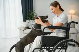 jong vrouw in rolstoel met onderhoud hond Bij huis foto