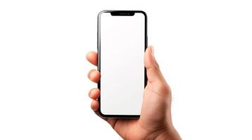 ai gegenereerd detailopname beeld van een Latijns Mens hand- gebruik makend van haar smartphone. smartphone wit scherm mockup voor Scherm uw grafisch banier Aan wit achtergrond en knipsel pad.generatief ai foto