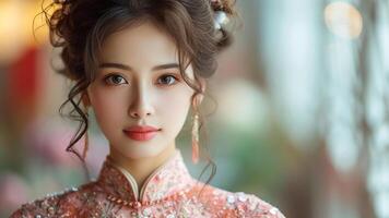 ai gegenereerd elegant fusie Aziatisch vrouw in weelderig traditioneel kleding foto