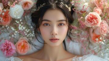 ai gegenereerd bruids schoonheid Aziatisch vrouw in tijdloos tuin bruiloft couture foto