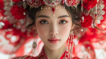 ai gegenereerd Aziatisch schoonheid traditioneel dans temidden van oude pracht foto