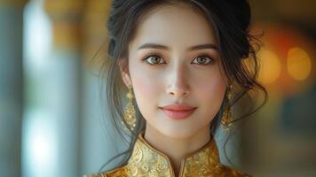 ai gegenereerd elegant fusie Aziatisch vrouw in weelderig traditioneel kleding foto