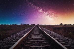spoorweg bijhouden met melkachtig manier in nacht lucht. foto
