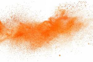 abstract oranje poeder explosie. detailopname van oranje stof deeltje plons geïsoleerd Aan wit achtergrond foto