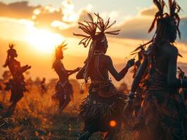 ai gegenereerd tribal dans door inheems Afrikaanse en latino-amerikaans mensen en indianen, viering van traditie foto