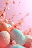 ai gegenereerd Pasen dromerig perzik dons gekleurde eieren met voorjaar bloeiend bloemen achtergrond. futuristische Pasen eieren poster sjabloon. modieus lente feestelijk vakantie banier met kopiëren ruimte voor tekst foto