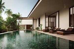 luxe met tropisch oerwoud villa toevlucht luxueus zwemmen zwembad. generatief ai illustratie foto