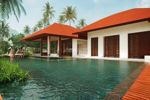luxe met tropisch oerwoud villa toevlucht luxueus zwemmen zwembad. generatief ai illustratie foto