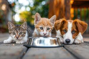 ai gegenereerd een hond en twee kittens aan het eten van een kom foto