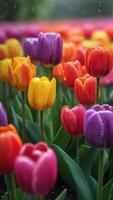 ai gegenereerd foto van een betoverend caleidoscoop van tulpen dansen in een regenboog tuin gezegend door een teder regen douche. ai gegenereerd