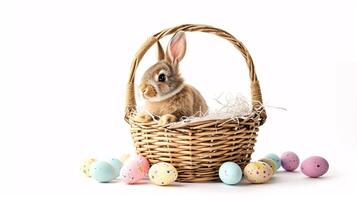 ai gegenereerd een Pasen mand met een konijn zittend in het steelt de schijnwerper, minutieus geregeld tegen een Doorzichtig, stralend wit achtergrond en kopiëren ruimte voor tekst foto