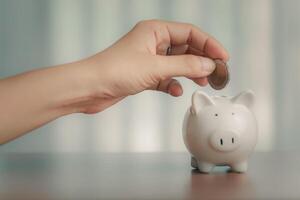 varkentje bank met een hand- Holding munten, symboliseert spaargeld en rijkdom in de wereld van financiën en bank foto