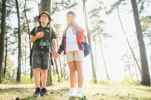 weinig jongen en meisje Gaan wandelen Aan een Woud weg foto