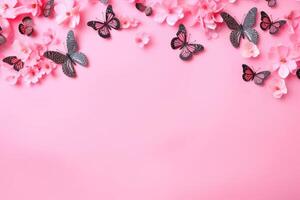 ai gegenereerd roze en zwart vlinders Aan een zomer achtergrond met bloemen en kopiëren ruimte voor tekst. foto