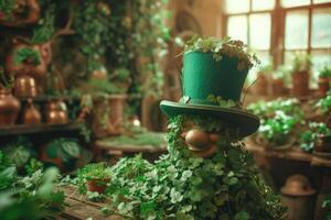 ai gegenereerd elf van Ierse folklore in groen hoed, klaver en Klaver bladeren met kopiëren ruimte voor tekst. foto