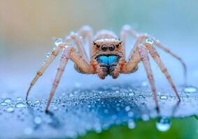 ai gegenereerd macro foto van een spin Aan een blad na regen.macro visie