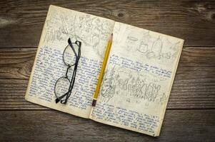 wijnoogst reizen logboek van Jaren 70 met handschrift en potlood schetsen - kajak expeditie in Polen foto