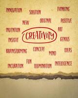 creativiteit concept - wolk van verwant woorden, handschrift Aan kunst papier foto
