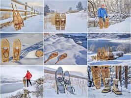 sneeuwschoenen en sneeuwschoenwandelen afbeelding collage met de dezelfde senior mannetje model, winter recreatie en avontuur thema foto