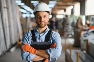 portret van glimlachen arbeider staand door industrieel productie machine. foto