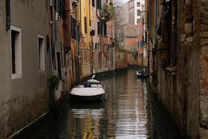 typisch versmallen straten en grachten tussen kleurrijk en haveloos huizen in Venetië, Italië. historisch architectuur in Venetië, geparkeerd boten Aan de grachten. foto