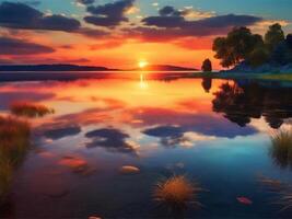 ai gegenereerd zonsondergang in de meer behang foto