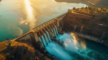 ai gegenereerd mooi antenne visie van reusachtig dam , hydro-elektrisch macht in natuur genereren elektriciteit . foto