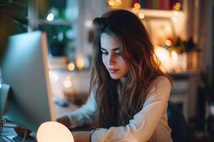 ai gegenereerd een vrouw zittend Bij een bureau met een computer foto