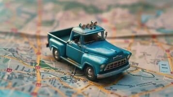ai gegenereerd wijnoogst blauw oppakken vrachtauto model- Aan een kleurrijk weg kaart - reizen en avontuur concept foto