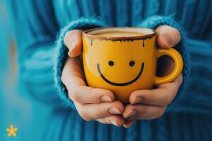 ai gegenereerd een vrouw Holding een smiley gezicht koffie mok foto