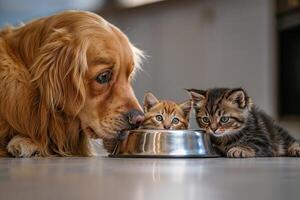 ai gegenereerd een hond en twee kittens aan het eten van een kom foto